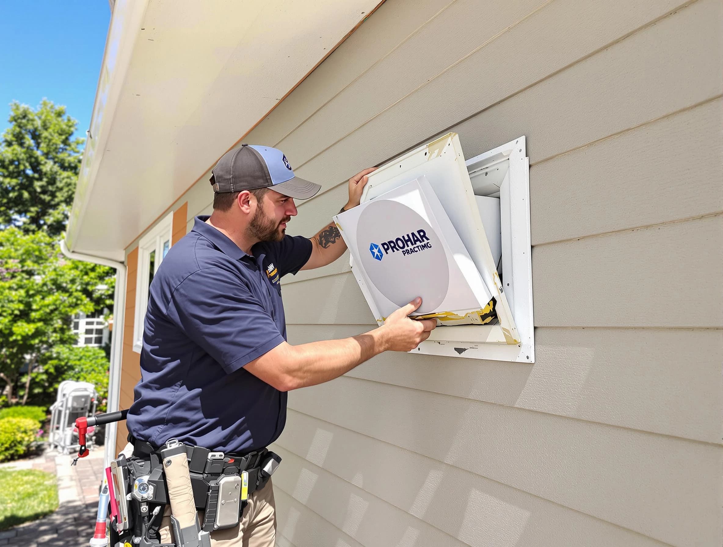 Meridian Dryer Vent Cleaning technician installing a new protective dryer vent cover on a home in Meridian