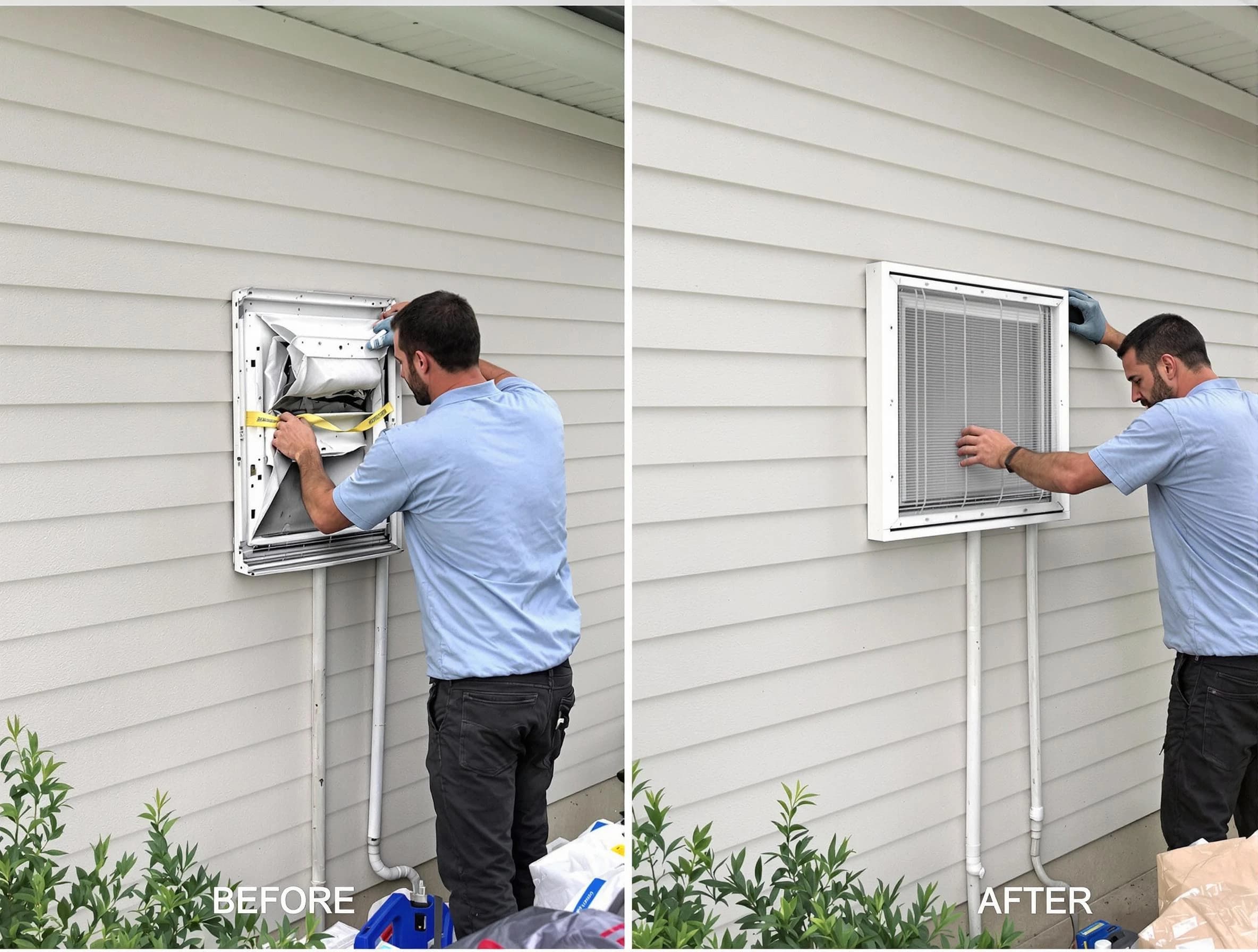 Meridian Dryer Vent Cleaning technician installing high-quality dryer vent cover at a residential property in Meridian