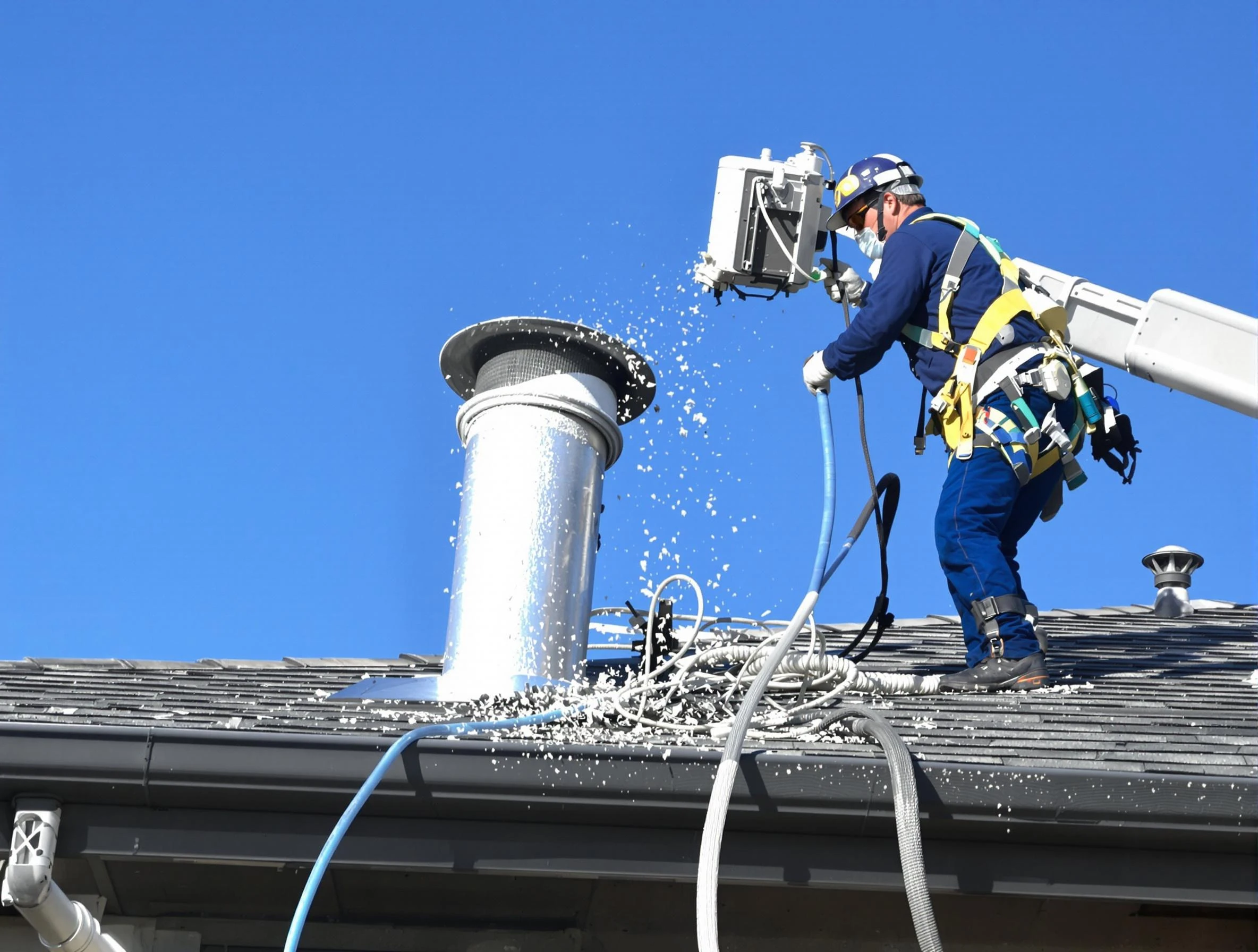 Meridian Dryer Vent Cleaning certified technician safely cleaning a roof-mounted dryer vent in Meridian